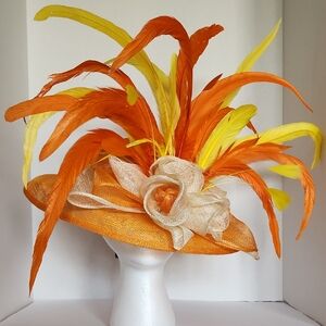 Vibrant Orange & Yellow Feathered Women’s Derby Statement Hat NWT